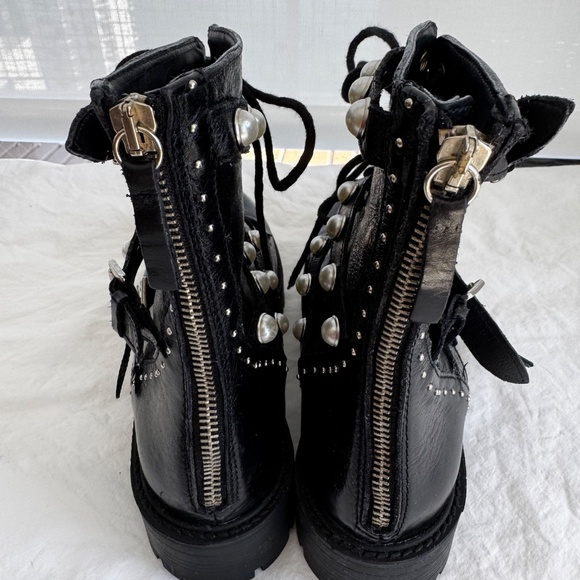 Zara Pearl Embellished Authentic Leather Black Biker Ankle Boots - Picture 8 of 13